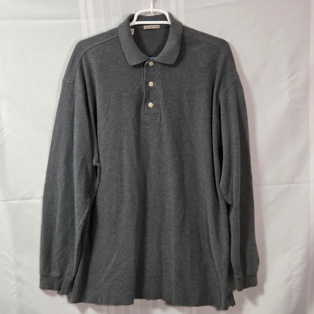 Cutter & Buck Polo Shirt Mens L Gray Long Sleeve Cotton Solid Classic Casual